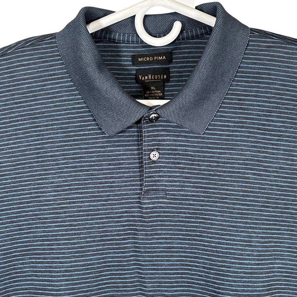 Van Heusen Micro Pima Mens XL Blue Striped Long‎ Sleeve Polo Shirt Regular Fit